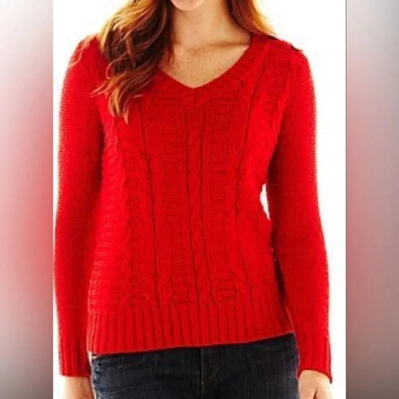 Red CableKnit Sweater St John’s Bay V Neck Size 2X New - Picture 1 of 9